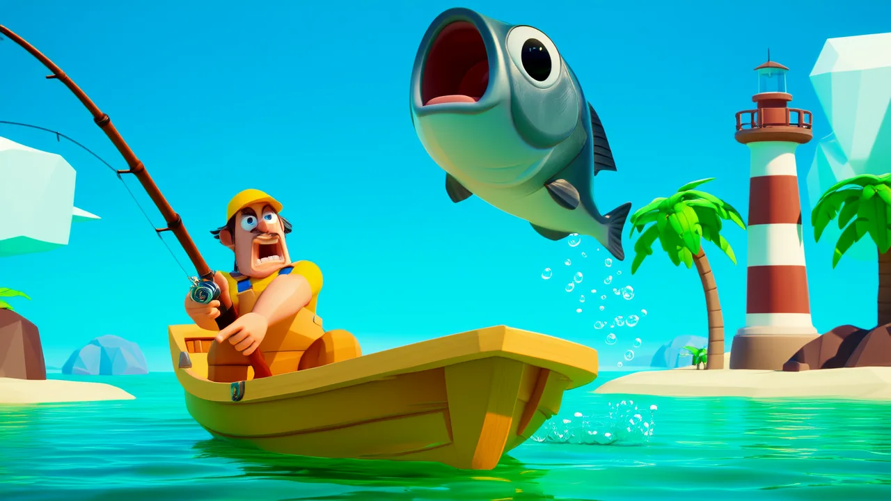 Low-poly scene from a How to Fish style world: a goofy fisherman in a tiny boat hooks a huge leaping bass near a lighthouse island.