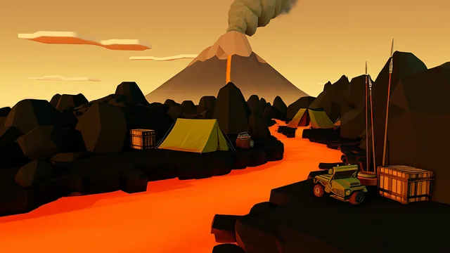 Volcano Island in a low-poly game art style